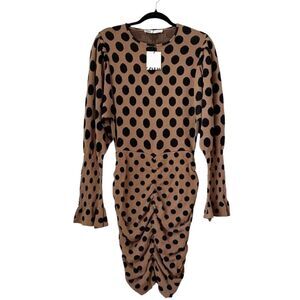 ZARA Tan Jersey Knit Fitted Dress Black Accent Flare Sleeves NWOT Size Large